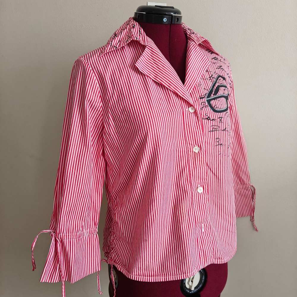 Simorra Women Pinstripe Striped Button Down Blouse Shirt Red White Collared 10‎